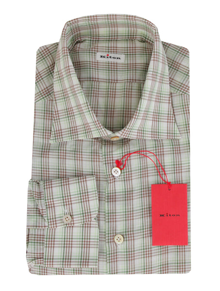 $600 Kiton Light Green Plaid Linen Blend Shirt - Slim - (KT1114237) - Parent