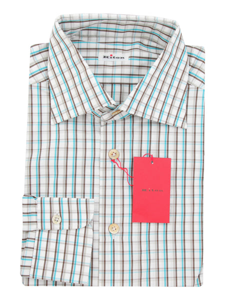 $600 Kiton Brown Plaid Cotton Shirt - Slim - (KT12122326) - Parent
