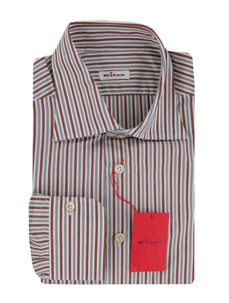 $600 Kiton Brown Striped Cotton Shirt - Slim - (KT311259) - Parent
