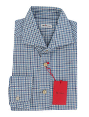 $600 Kiton Blue Plaid Cotton Shirt - Slim - L US/L EU - (KT9122611)