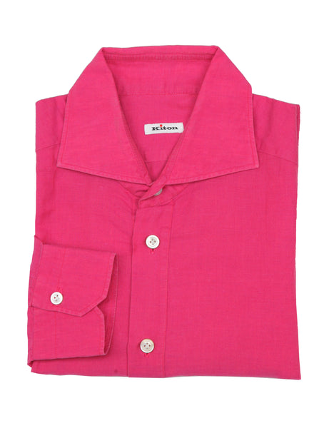 $600 Kiton Pink Solid Cotton Popover Shirt - Slim - (KT9162611) - Parent