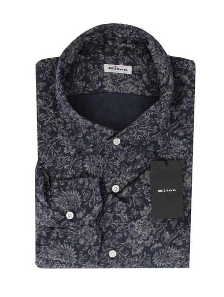 $600 Kiton Dark Blue Floral Linen Shirt - Slim - (KT916265) - Parent