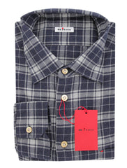 $600 Kiton Dark Blue Plaid Flannel Shirt - Slim - XL US/XL EU - (KT9162610)