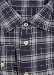 $600 Kiton Dark Blue Plaid Flannel Shirt - Slim - (KT9162610) - Parent