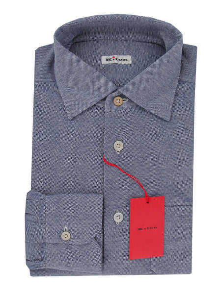 $600 Kiton Dark Blue Solid Cotton Shirt - Slim - (KT916264) - Parent