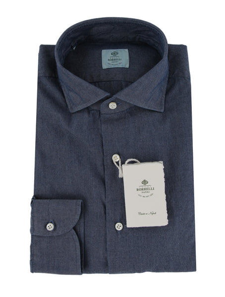 $500 Luigi Borrelli Blue Solid Cotton Shirt - Slim - (LB12272515) - Parent