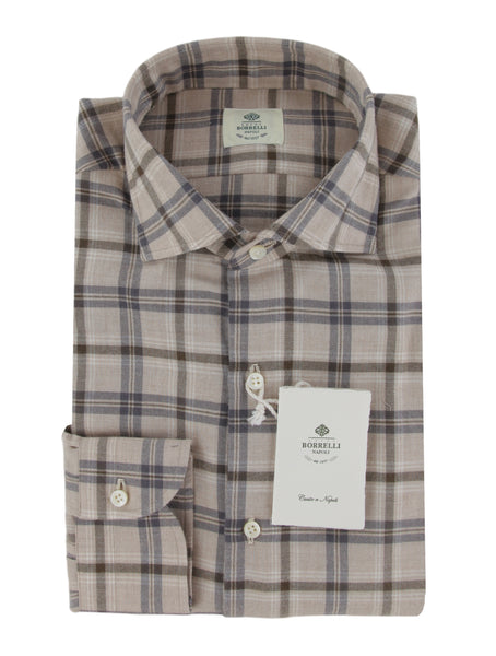 $500 Luigi Borrelli Light Brown Plaid Shirt - Slim - (LB12272520) - Parent