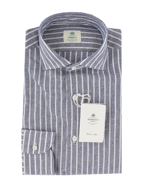 $500 Luigi Borrelli Dark Blue Striped Shirt - Slim - (LB81266) - Parent