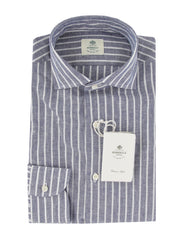 $500 Luigi Borrelli Dark Blue Striped Shirt - Slim - 16/41 - (LB81266)