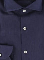 $500 Luigi Borrelli Dark Blue Solid Linen Shirt - Slim - (LB81263) - Parent