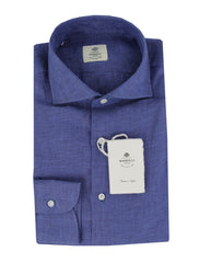 $500 Luigi Borrelli Blue Solid Linen Shirt - Slim - 14.5/37 - (LB125254)