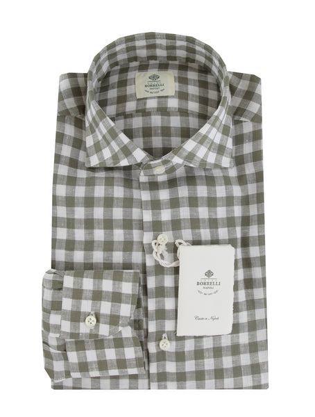 $500 Luigi Borrelli Green Check Linen Shirt - Slim - (LB382624) - Parent
