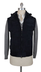 $2775 Mandelli Dark Blue Leather Solid Jacket Vest - 38/48 - (MM1113254)
