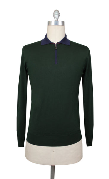 $825 Svevo Parma Dark Green Wool 1/4 Zip Polo Sweater - (SV4192512) - Parent