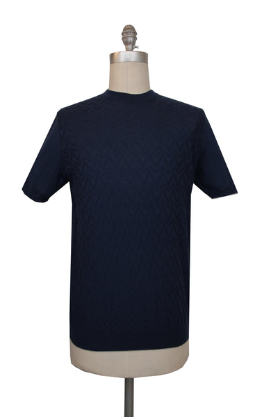 $750 Svevo Parma Navy Blue Cotton Crewneck Sweater - (SV425242) - Parent