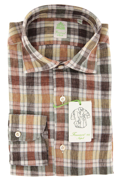 Finamore Napoli Brown Plaid Linen Shirt - Extra Slim - (QO) - Parent