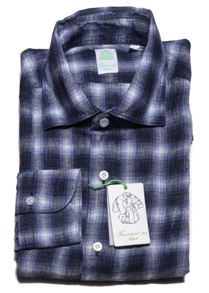 Finamore Napoli Blue Check Linen Shirt - Extra Slim - (1501) - Parent