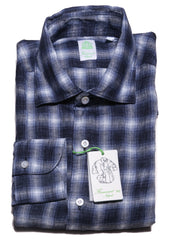 Finamore Napoli Blue Check Linen Shirt - Extra Slim - 15.5/39 - (1501)