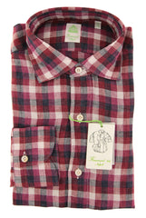 Finamore Napoli Burgundy Red Plaid Linen Shirt - Extra Slim 15.75/40 - (IP)