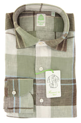 Finamore Napoli Olive Green Plaid Linen Shirt - Extra Slim - 16/41 -(O9)