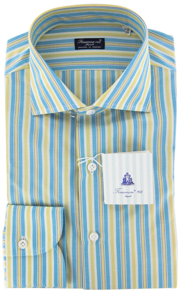 Finamore Napoli Light Blue White, Blue, Yellow Striped Shirt 15.75/40