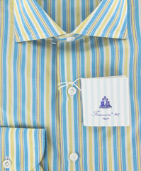 Finamore Napoli Light Blue White, Blue, Yellow Striped Shirt 15.75/40