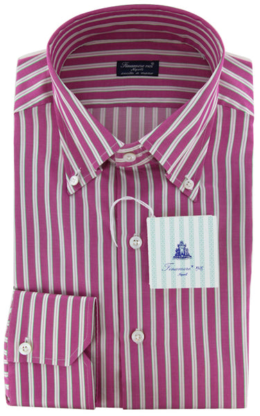 Finamore Napoli Pink and Green Striped Shirt - Slim Fit - 17.5/44