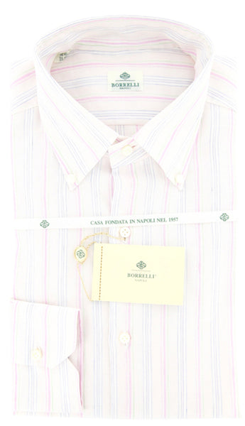 Luigi Borrelli Pink, White, Green and Blue Striped Shirt 15.5/39
