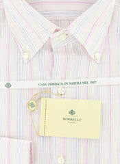 Luigi Borrelli Pink, White, Green and Blue Striped Shirt 15.5/39