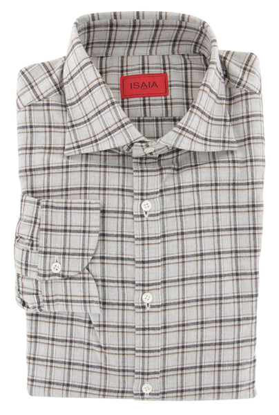 Isaia Light Gray Plaid Flannel Shirt - Extra Slim - (4B) - Parent