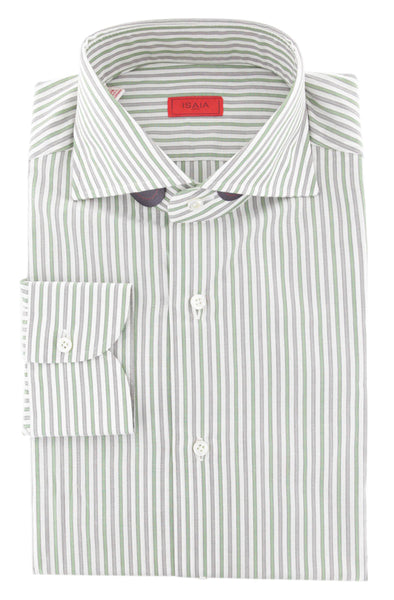 Isaia Green Striped Cotton Shirt - Slim - (257) - Parent