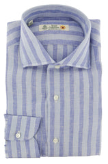 Luigi Borrelli Light Blue Striped Linen Dress Shirt - X Slim - (95) - Parent