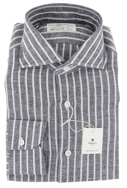 Luigi Borrelli Dark Gray Striped Linen Shirt - Slim - (ZY) - Parent