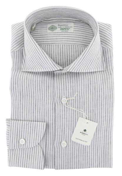 Luigi Borrelli Light Gray Striped Linen Shirt - Slim - (ZK) - Parent