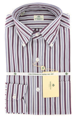 $425 Luigi Borrelli Burgundy Red Striped Cotton Shirt - Slim - (KS) - Parent
