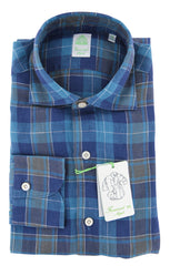 Finamore Napoli Blue Plaid Linen Shirt - Extra Slim - 16.5/42 - (O4)