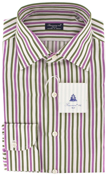 Finamore Napoli Green Striped Cotton Twill Shirt 15.75/40
