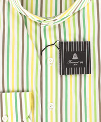 Finamore Napoli Green White, Yellow, Brown Striped Shirt 15.75/40