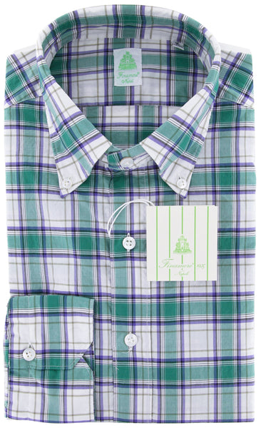 Finamore Napoli Green Plaid Cotton Plain Weave Shirt 16/41