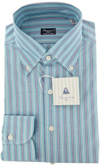 Finamore Napoli Light Blue White, Navy Blue Striped Shirt 16/41