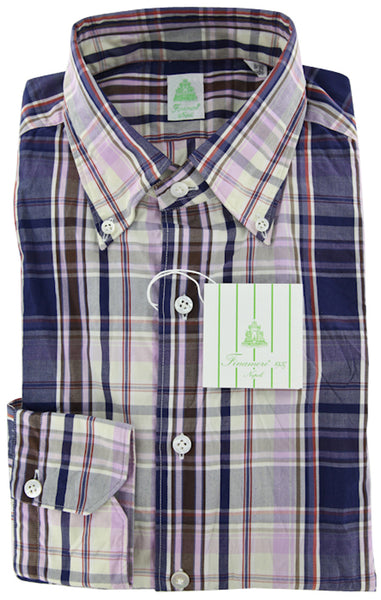 Finamore Napoli Lavender Purple Plaid Cotton Shirt 16/41