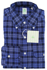 Finamore Napoli Blue Plaid Cotton Plain Weave Shirt 15.75/40