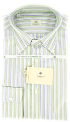 Borrelli Green White, Blue, Light Blue Striped Cotton Shirt 15.75/40