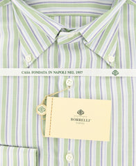 Borrelli Green White, Blue, Light Blue Striped Cotton Shirt 15.75/40