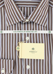 Borrelli Brown Striped Cotton Shirt - Medium Sprad Collar -  15.75/40