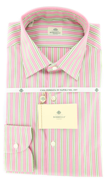 Luigi Borrelli Pink and Green Striped Shirt 15/38