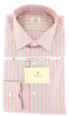 Luigi Borrelli Pink and Green Striped Cotton Shirt 15.75/40