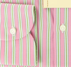 Luigi Borrelli Pink and Green Striped Cotton Shirt 15.75/40