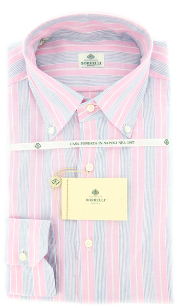 Luigi Borrelli Pink and Light Blue Striped Cotton Shirt 17/43