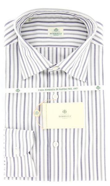 Luigi Borrelli Gray Mignight Navy Blue, White Striped Cotton Shirt 15.75/40